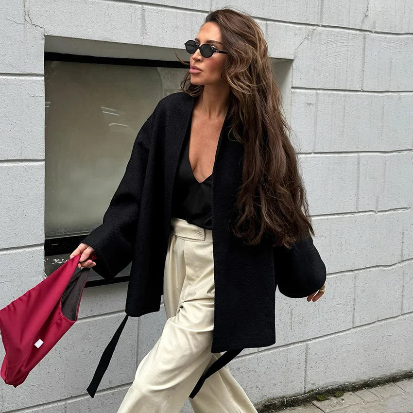 New Women's Black Lace Up Overcoats Autumn Chic Office Jackets Slim Fit Pleated Coat Elegant V-neck Commute For Lady Coats