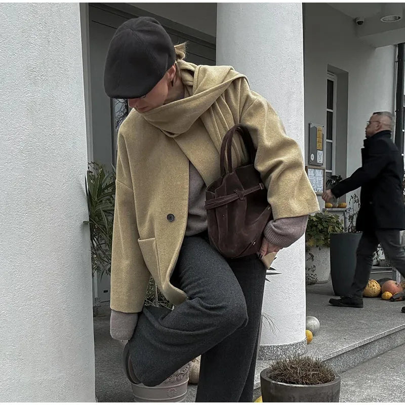 Woolen Scarf Collar Casual Coat Women Single Breasted Elegant Thicken Warm Pocket Loose Solid Jacket Winter Long Sleeve Outwear