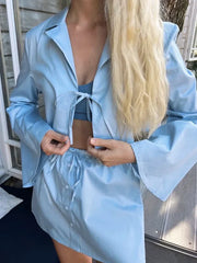 Light Blue Skirt Set Women Summer 2 Pcs Outfits Summer Spring Bowknot Buttons Female Set 2024 Flare Sleeve Top Skirt Set