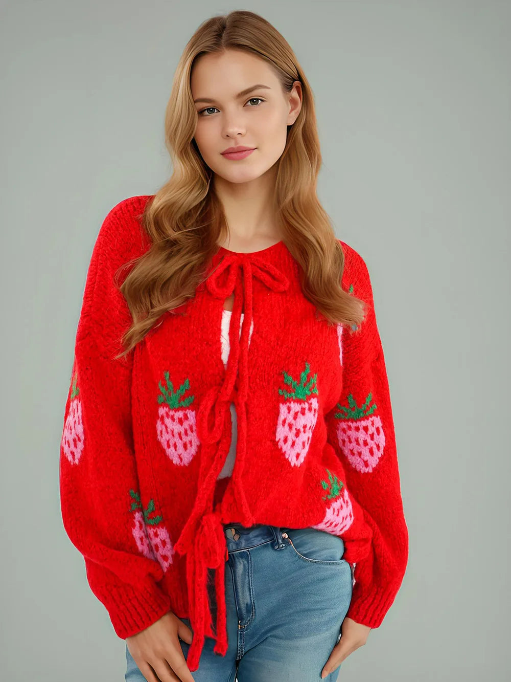 Embroidery Heart Lace-Up Cardigan Red Strawberry / S Cardigan-241208