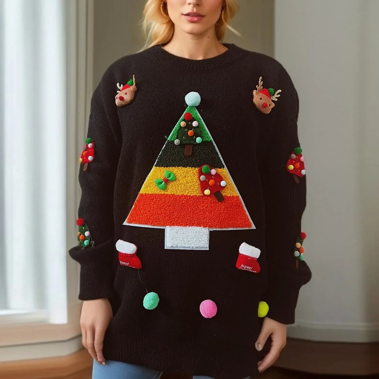 Christmas Tree Jacquard Three Decorated Round Neck Long Sleeve Fleece Sweater Black / S Sweaters-L
