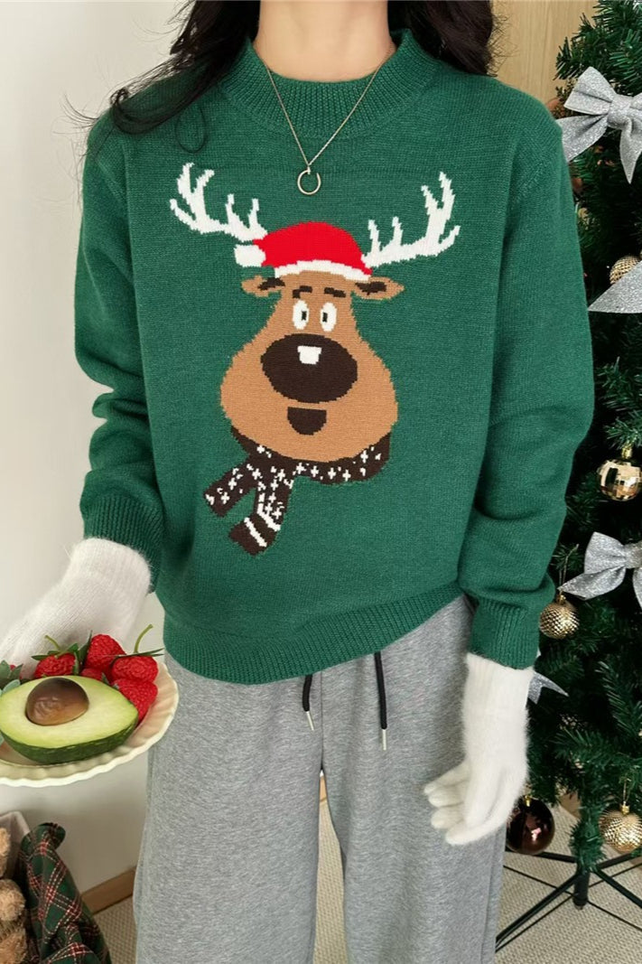 Christmas Crew Neck Color Block Christmas Deer Sweater