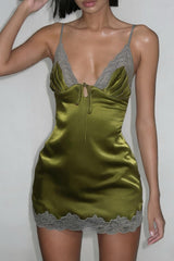 Lace Trim Tie Front Satin Mini Dress