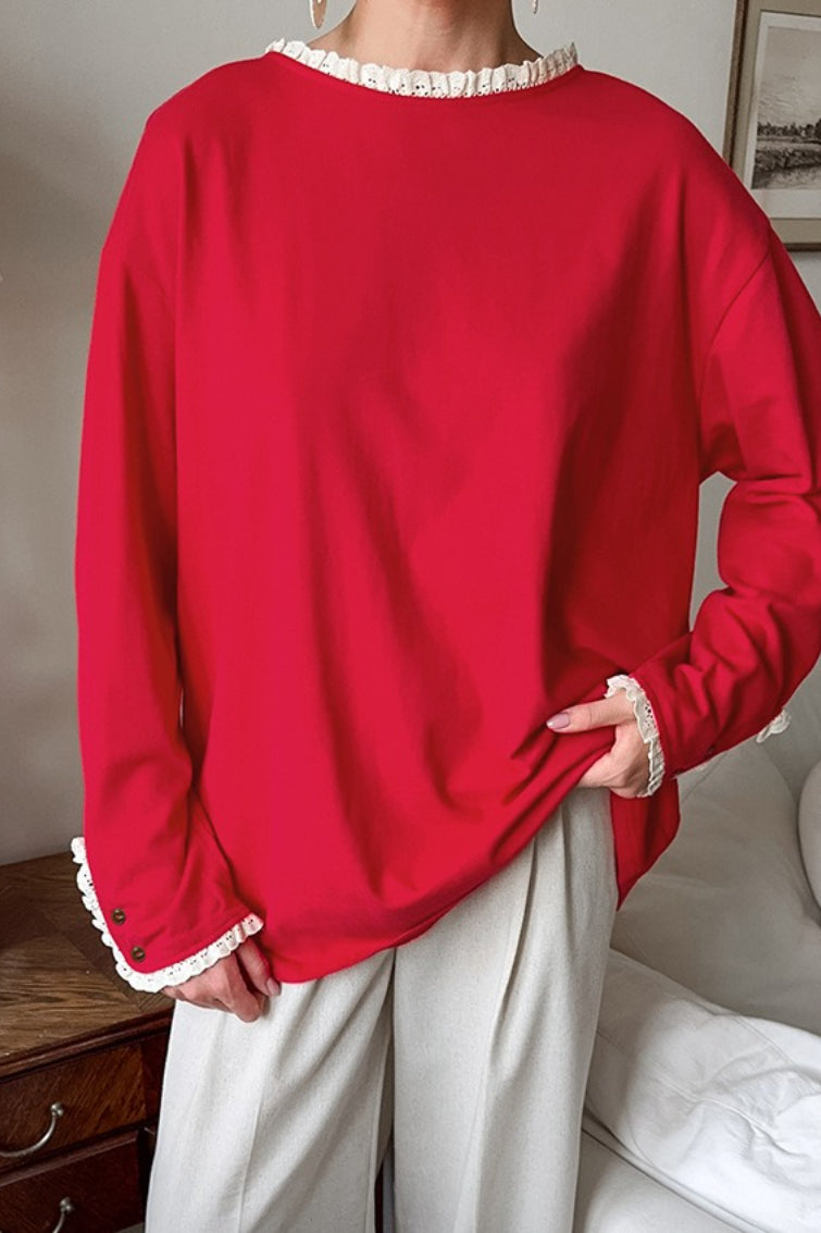 Ruffled Trim Paneled Loose Round Neck Long Sleeve Tee