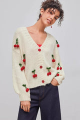 Cherry Applique V Neck Button Cardigans