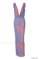 Abstract Print Plisse Charming Cowl Plunge Maxi Dress