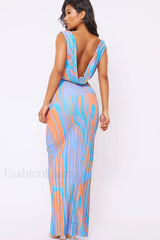 Abstract Print Plisse Charming Cowl Plunge Maxi Dress