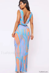 Abstract Print Plisse Charming Cowl Plunge Maxi Dress