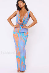 Abstract Print Plisse Charming Cowl Plunge Maxi Dress S / 2#