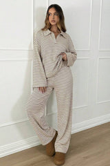 Contrast Stripe Collared Lounge Pants Set