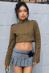 Double Breasted Belted Cropped Military Jacket