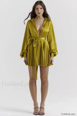Allegra Chartreuse Stylish Pleated Shirt Dress
