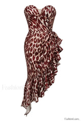 Asymmetrical Ruffle Stylish Satin Mini Dress S / Leopard Print