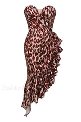 Asymmetrical Ruffle Stylish Satin Mini Dress S / Leopard Print