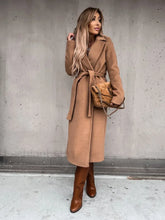Autumn Winter V neck Button Warm Long Women Coat with Belt Overcoats