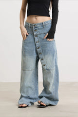 Asymmetric Button Washed Wide Leg Streetwear Jeans