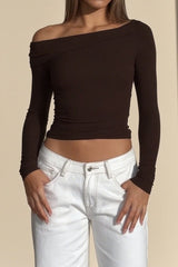 Asymmetric Foldover Off Shoulder Long Sleeve Tee