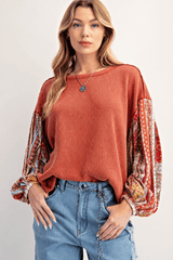 Waffle Knit Patchwork Sleeve Sweatshirt
