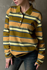 Striped Polo Collar Relaxed Long Sleeve T Shirt