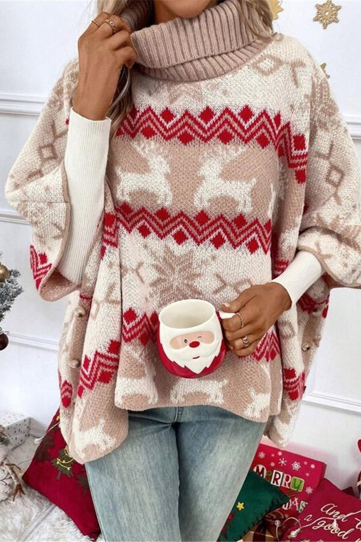 Christmas Moose High Neck Contrast Batwing Sleeve Sweater