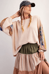 Waffle Knit Patchwork Sleeve Sweatshirt