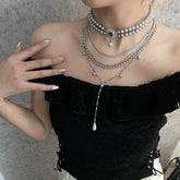 Baroque Layered Choker Cross Pearl Necklace SILVER