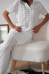 Openwork Polo Knit Top Maxi Skirt Set