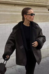 Oversized Shearling Collar Faux Suede Jacket