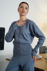 Round Neck Button Cardigan Flared Pants Knit Set