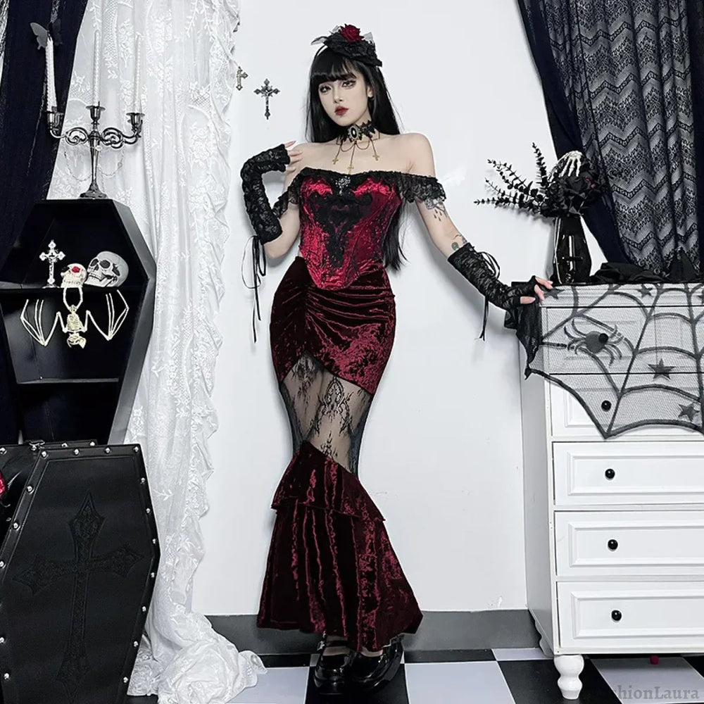 Black Fairy Grunge Women Gothic Velvet Lace Stitching Fall Sexy Fishtail Skirt BLACK / S