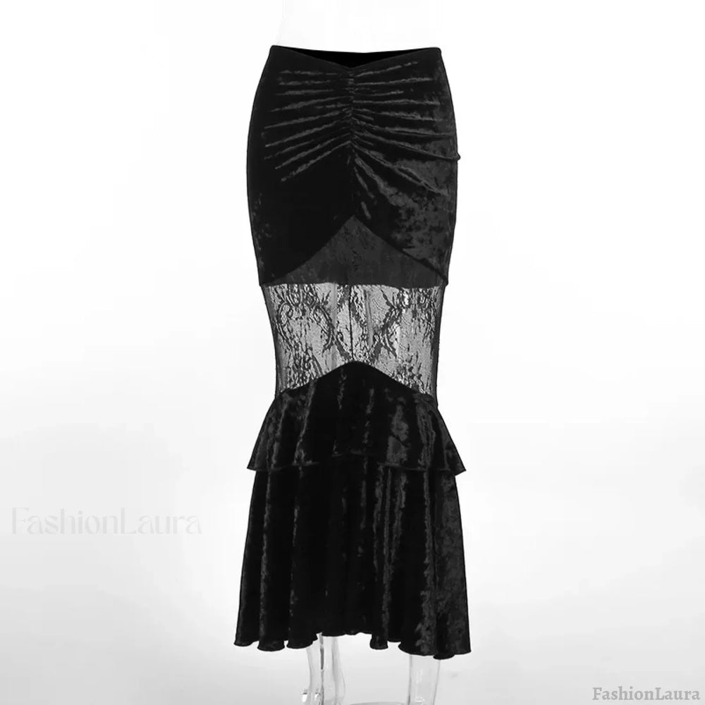 Black Fairy Grunge Women Gothic Velvet Lace Stitching Fall Sexy Fishtail Skirt Black / S