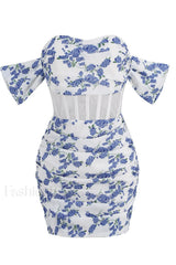 Blue Print Ruched Charming Floral Mini Dress