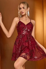 Burgundy Sequins Stylish Backless Mini Dress XS / Burgundy
