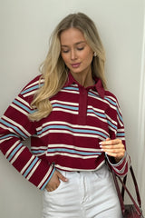 Striped Polo Collar Relaxed Long Sleeve T Shirt