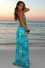 Beaded Halter Sheer Panel Maxi Dress