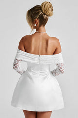 Off Shoulder Lace Sleeve A Line Mini Dress