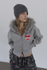 Rhinestone Cross Faux Fur Zip Front Hoodie