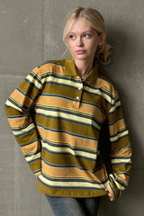 Striped Polo Collar Relaxed Long Sleeve T Shirt