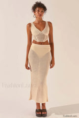 Crochet Midi Top Charming + Skirt Set S / Seashell