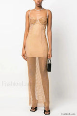 Crystal Embellished Stylish Fishnet Maxi Dress