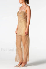 Crystal Embellished Stylish Fishnet Maxi Dress