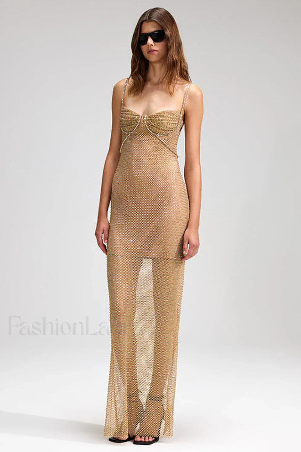 Crystal Embellished Stylish Fishnet Maxi Dress