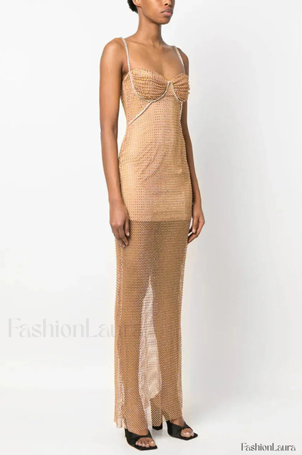 Crystal Embellished Stylish Fishnet Maxi Dress