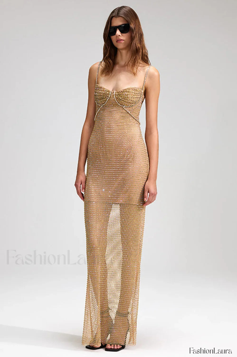 Crystal Embellished Stylish Fishnet Maxi Dress