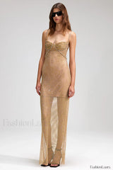 Crystal Embellished Stylish Fishnet Maxi Dress