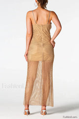 Crystal Embellished Stylish Fishnet Maxi Dress
