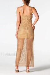 Crystal Embellished Stylish Fishnet Maxi Dress