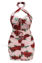 Cutout Ruched Floral Charming Jersey Mini Dress