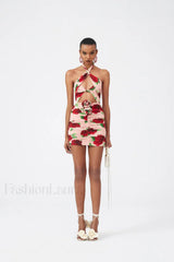 Cutout Ruched Floral Charming Jersey Mini Dress