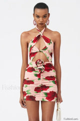 Cutout Ruched Floral Charming Jersey Mini Dress S / Rose Print